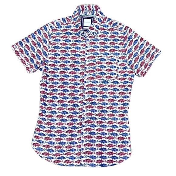 ZipCode S Red & Blue Fish Short Sleeve Button Down Shirt w Pocket for Summer Fun - Picture 1 of 11